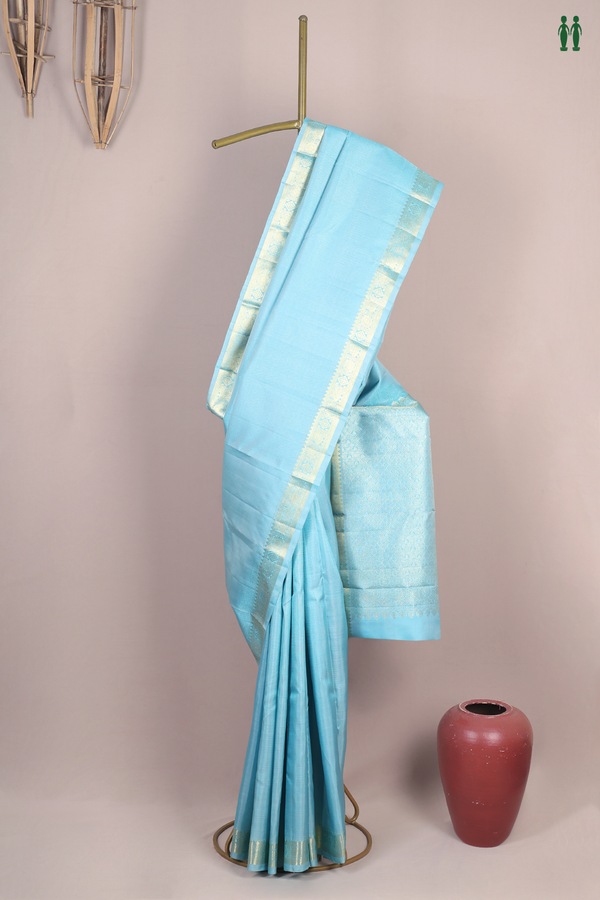 Kanchipuram Silk Saree In Pastel Blue With Stripes Design
