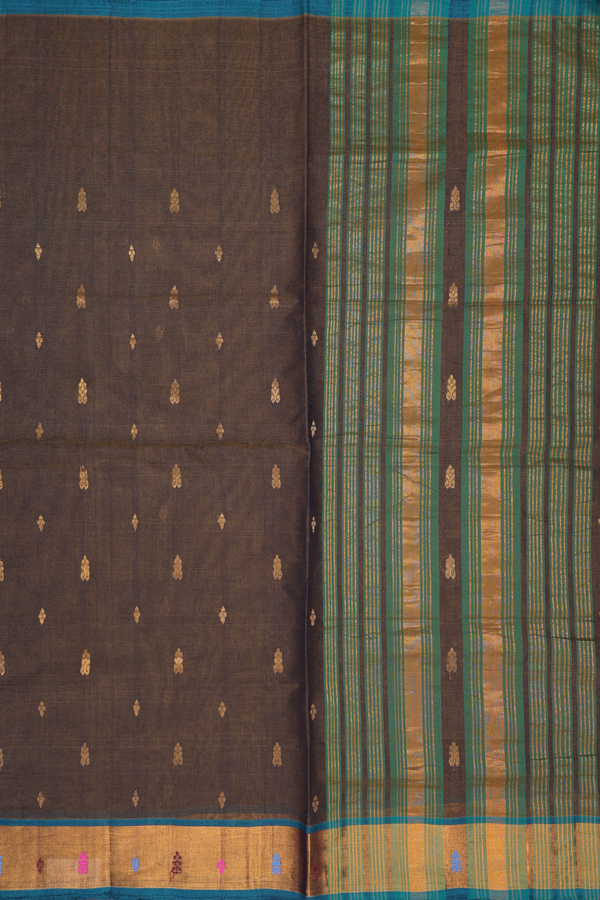 Venkatagiri Cotton Saree In Oxford Brown With Zari Buttas