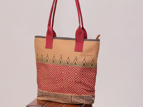 Printed Design Brown Cotton Hand Bag