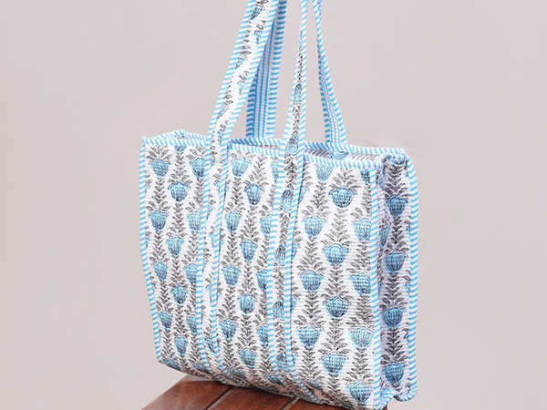 Floral Printed Design White Cotton Hand Bag