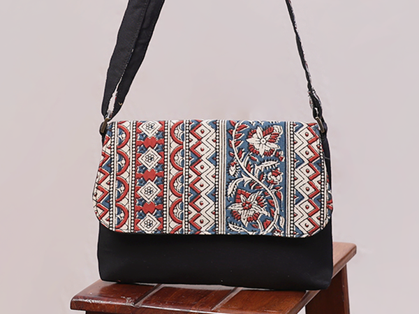 Kalamkari Printed Design Black Cotton Sling Bag