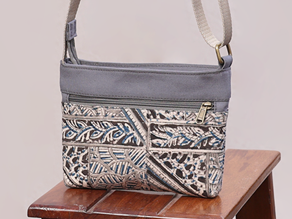 Kalamkari Printed Design Grey Cotton Sling Bag