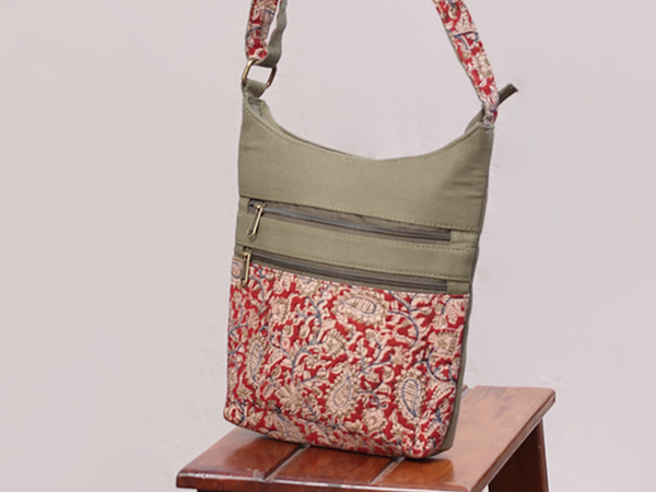 Kalamkari Printed Design Green And Red Cotton Sling Bag