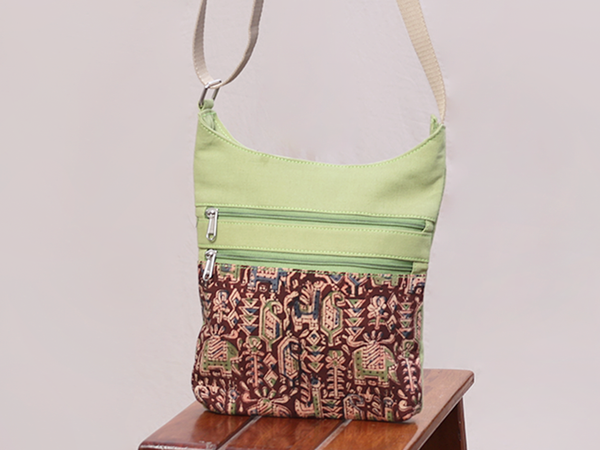 Kalamkari Printed Design Green And Brown Cotton Sling Bag
