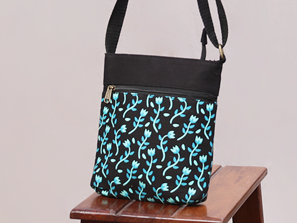 Floral Printed Design Black Cotton Sling Bag