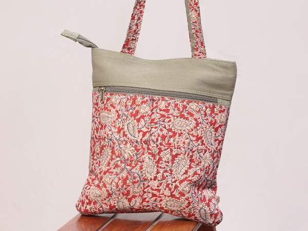 Kalamkari Printed Design Red Cotton Hand Bag