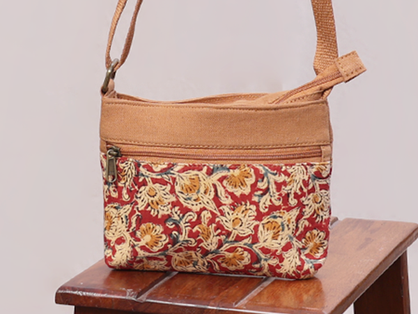 Kalamkari Printed Design Red And Orange Cotton Sling Bag