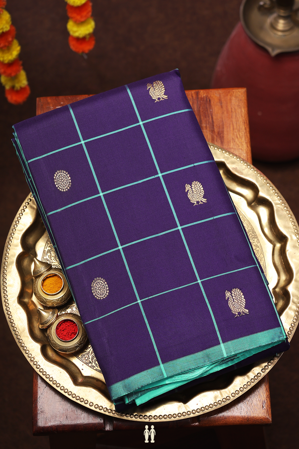 Kanchipuram Silk Saree In Blue With Checks Along Buttas