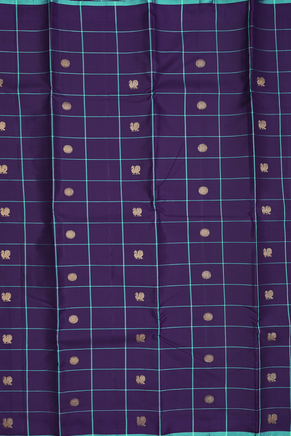 Kanchipuram Silk Saree In Blue With Checks Along Buttas