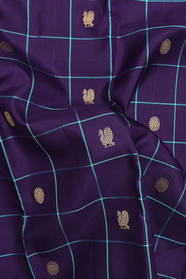 Kanchipuram Silk Saree In Blue With Checks Along Buttas