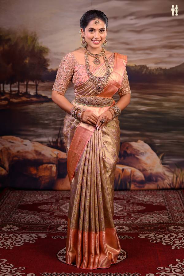 Kanchipuram Silk Saree In Tissue Dual Tone With Floral Design