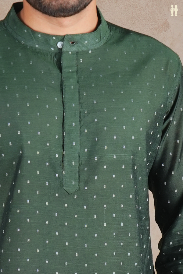 Chinese Collar Zari Buttis Green Raw Silk Short Kurta