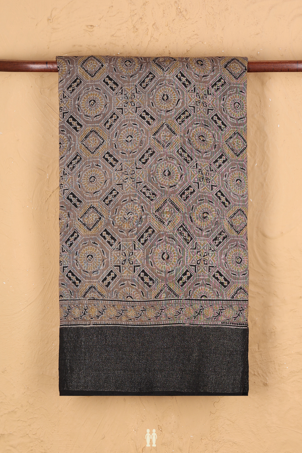 Linen Saree In Cocoa Brown With Ajrakh Printed Design