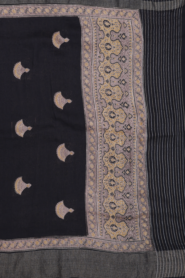 Linen Saree In Cocoa Brown With Ajrakh Printed Design