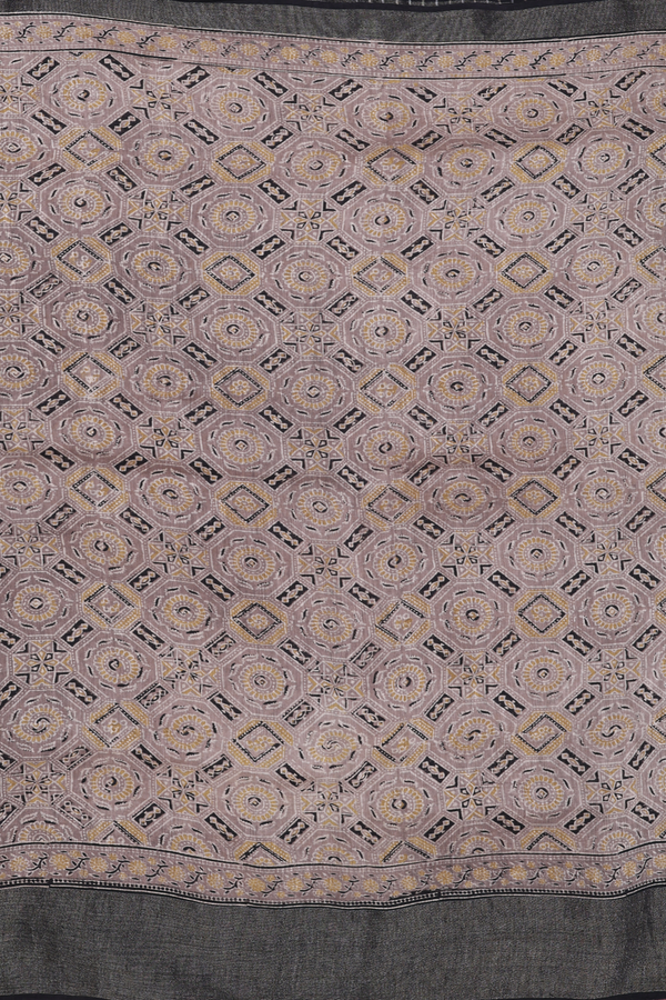 Linen Saree In Cocoa Brown With Ajrakh Printed Design