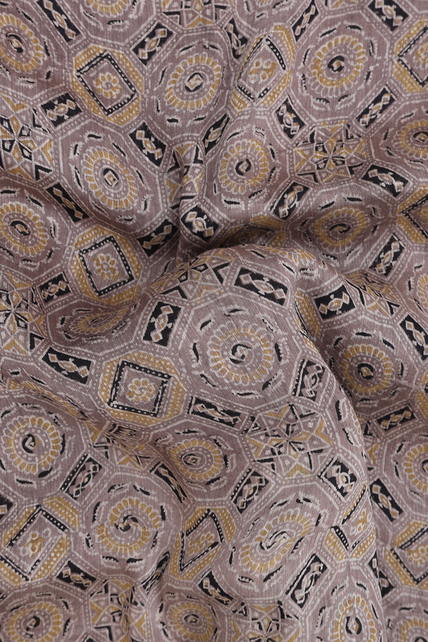 Linen Saree In Cocoa Brown With Ajrakh Printed Design
