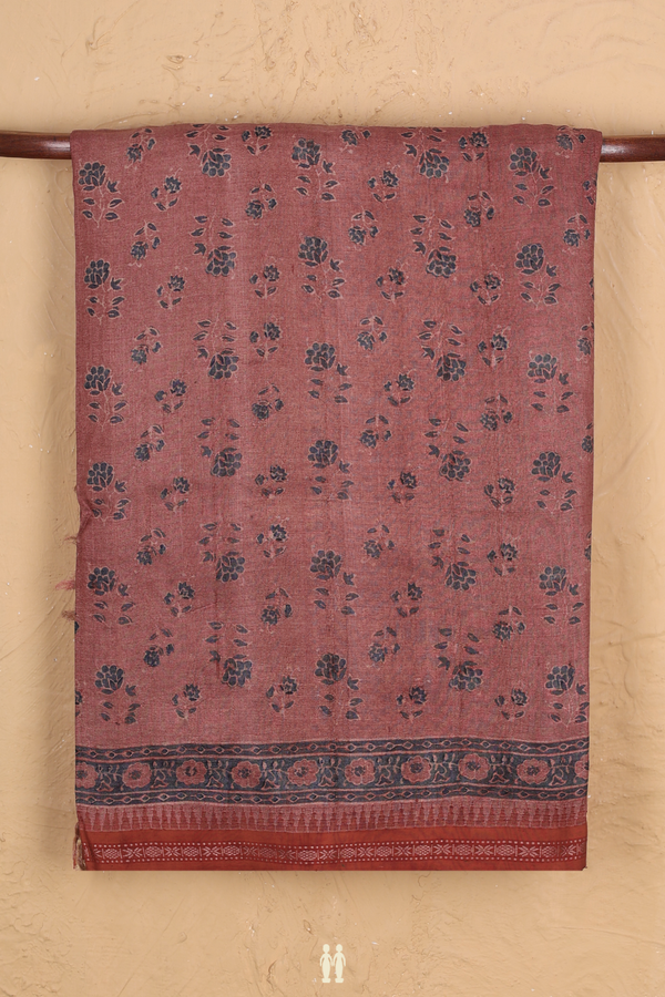 Tussar Silk Saree In Dusty Red With Ajrakh Printed Design
