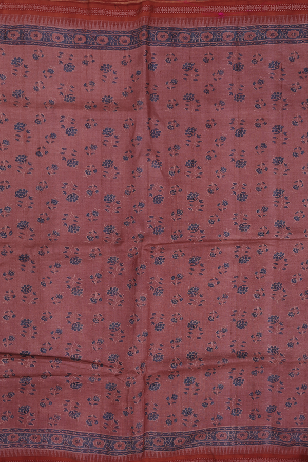 Tussar Silk Saree In Dusty Red With Ajrakh Printed Design