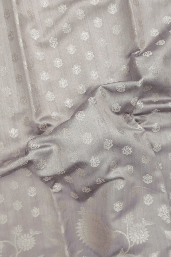 Raw Silk Saree In Grey With Floral Buttas