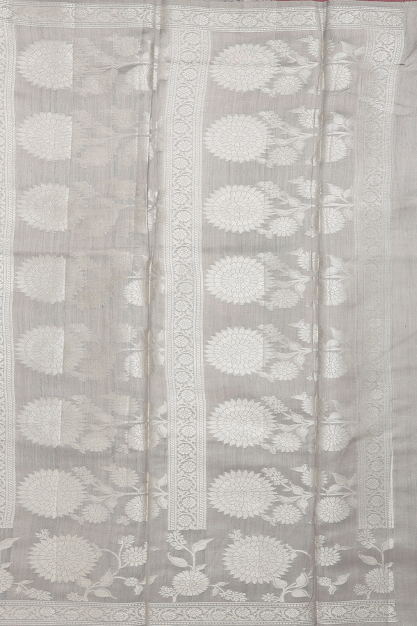 Raw Silk Saree In Grey With Floral Buttas