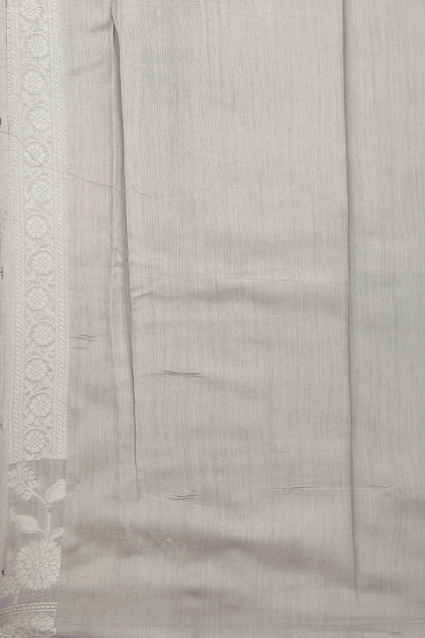 Raw Silk Saree In Grey With Floral Buttas