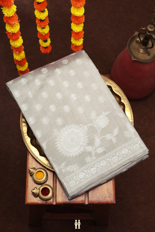 Raw Silk Saree In Grey With Floral Buttas