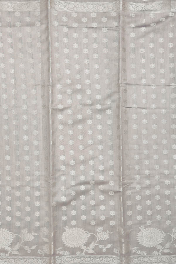 Raw Silk Saree In Grey With Floral Buttas