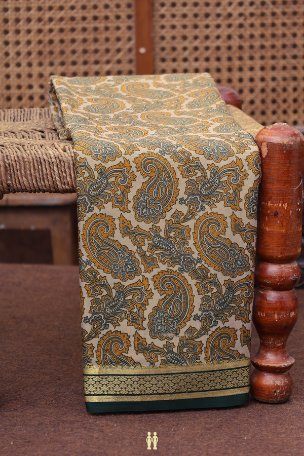 Printed Silk Saree In Light Brown With Paisley Design