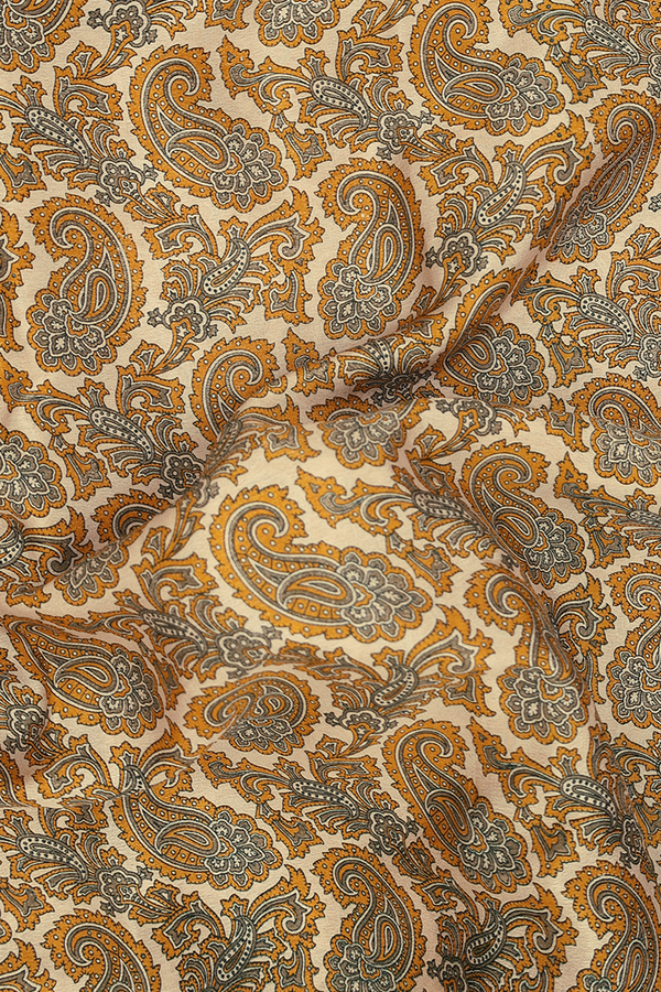 Printed Silk Saree In Light Brown With Paisley Design