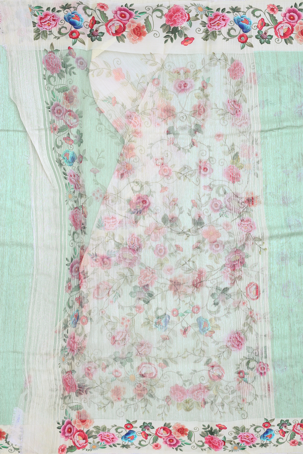 Linen Saree In Plain Mint Green With Floral Border
