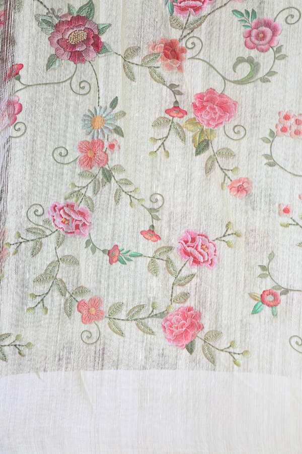 Linen Saree In Plain Mint Green With Floral Border