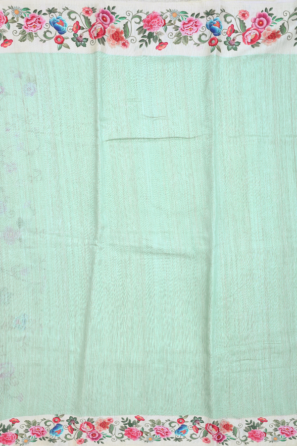Linen Saree In Plain Mint Green With Floral Border