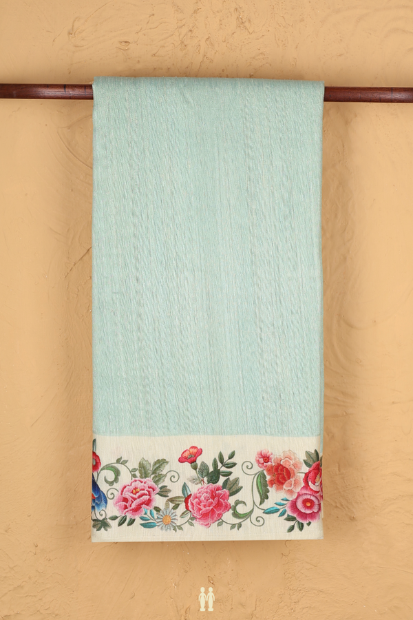 Linen Saree In Plain Mint Green With Floral Border