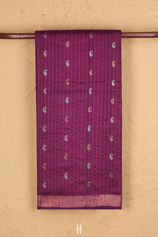 Jute Saree In Plum Purple Along Stripes With Buttas