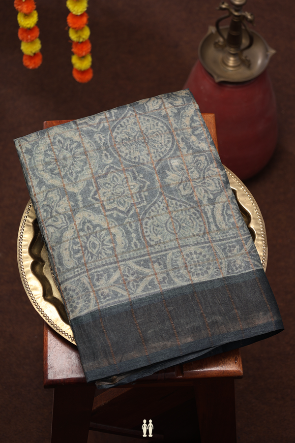 Tussar Silk Saree In Grey With Floral Design