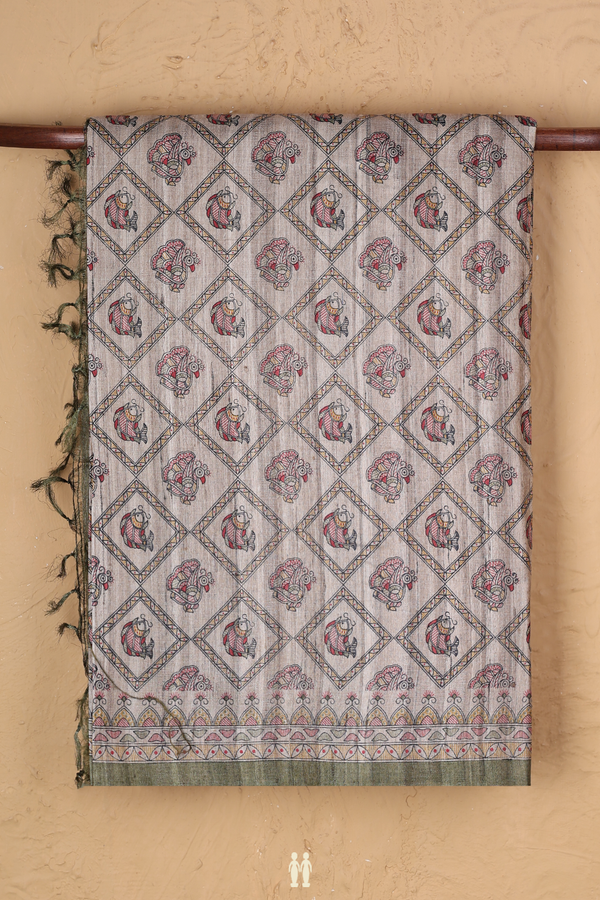 Tussar Madhubani Silk Saree In Cream Color With Fish Design