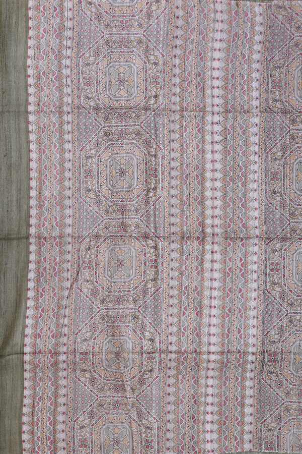 Tussar Madhubani Silk Saree In Cream Color With Fish Design