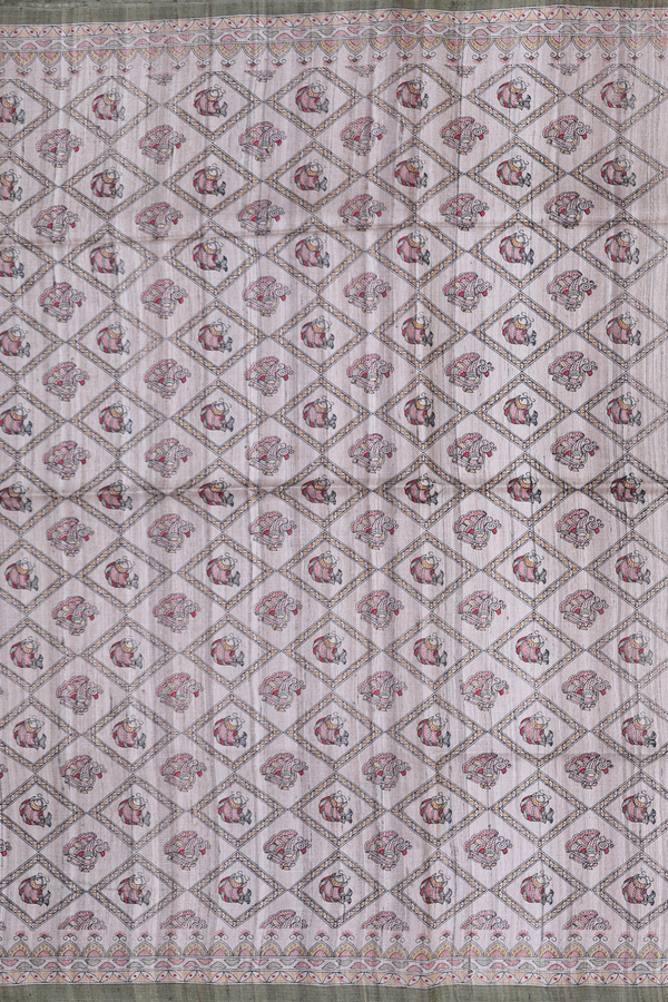 Tussar Madhubani Silk Saree In Cream Color With Fish Design