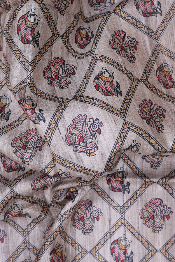 Tussar Madhubani Silk Saree In Cream Color With Fish Design
