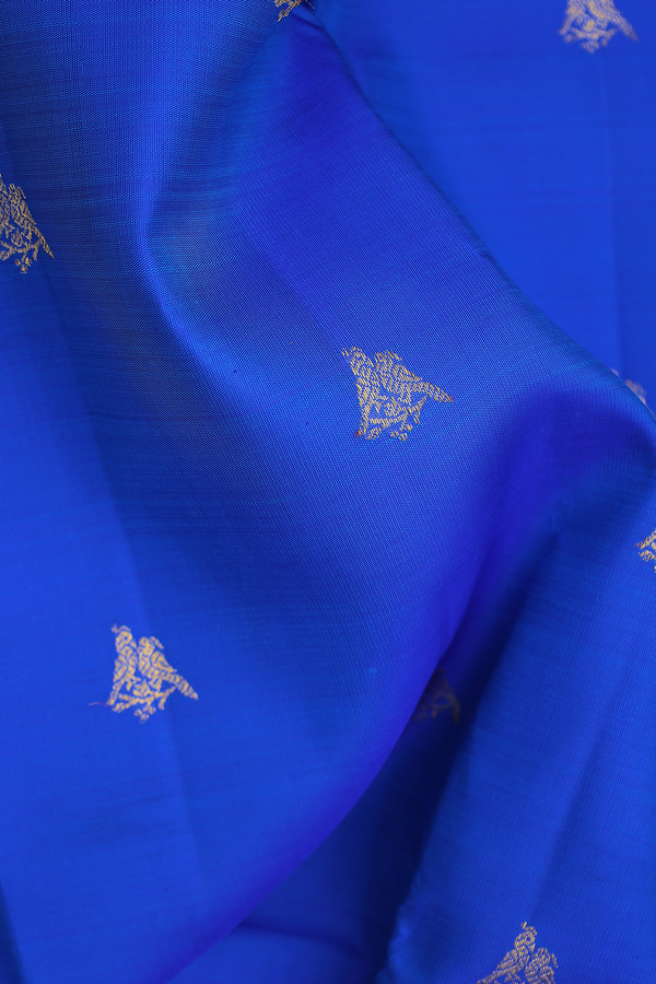 Kanchipuram Silk Saree In Indigo Blue With Peacock Buttas