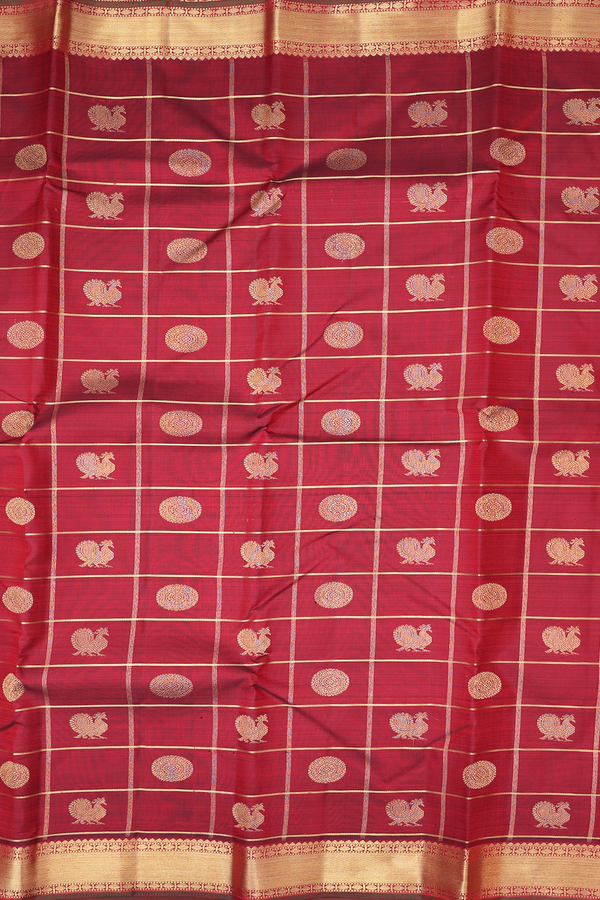 Kanchipuram Silk Saree In Red With Checks Design