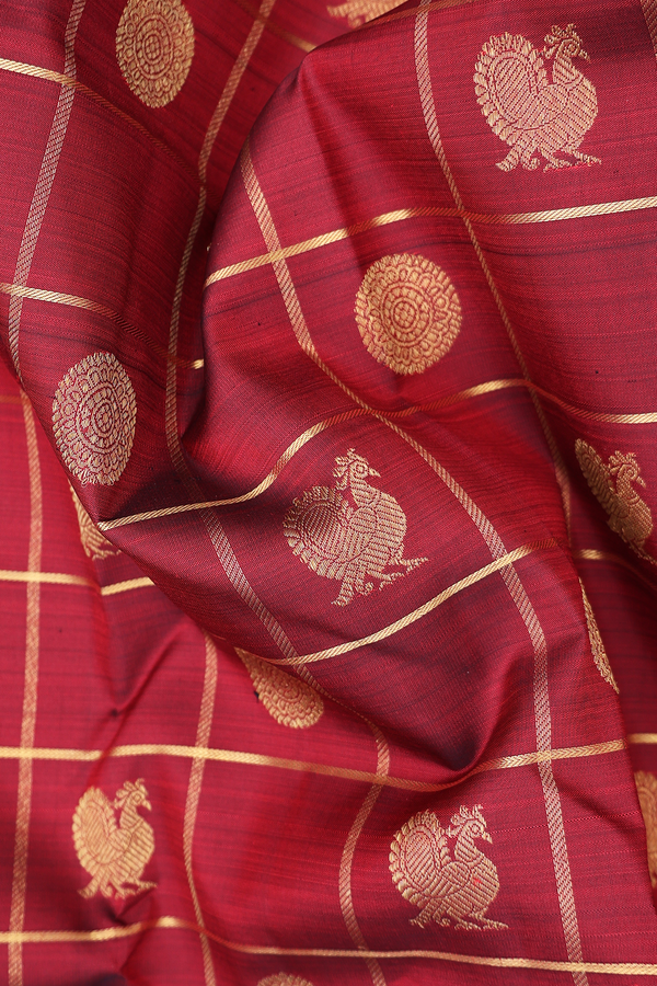 Kanchipuram Silk Saree In Red With Checks Design