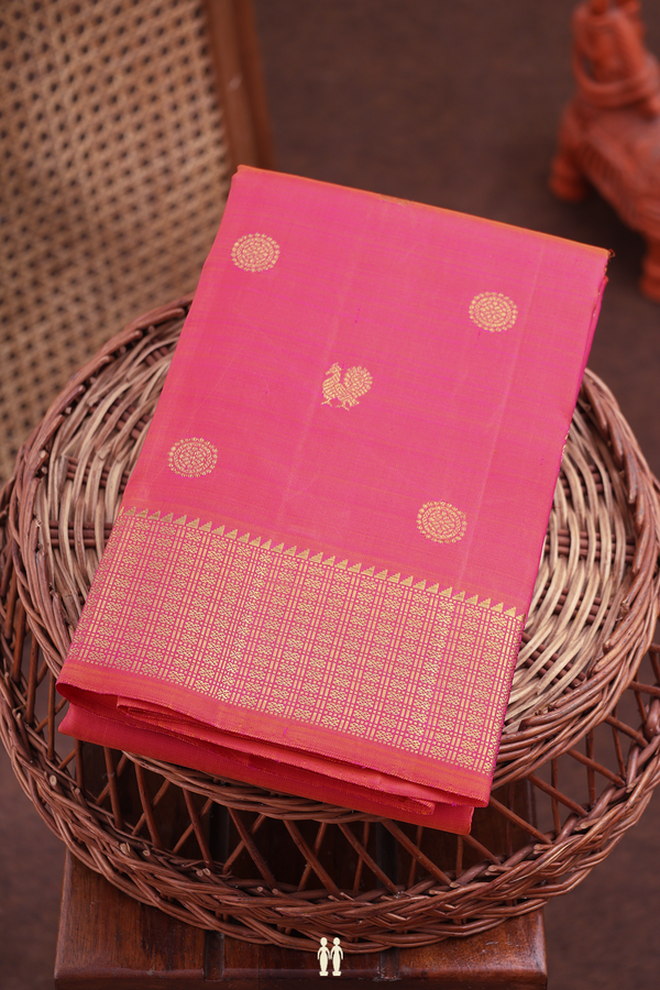 Kanchipuram Silk Saree In Coral Pink With Peacock Buttas