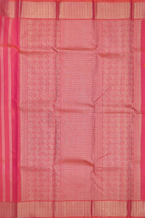 Kanchipuram Silk Saree In Coral Pink With Peacock Buttas