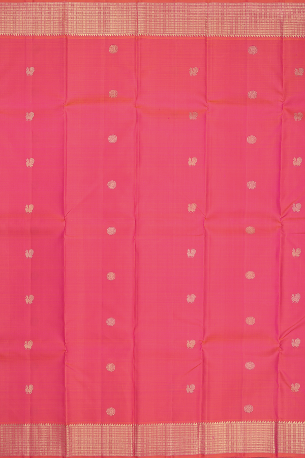 Kanchipuram Silk Saree In Coral Pink With Peacock Buttas