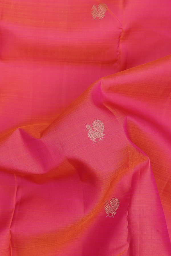 Kanchipuram Silk Saree In Coral Pink With Peacock Buttas