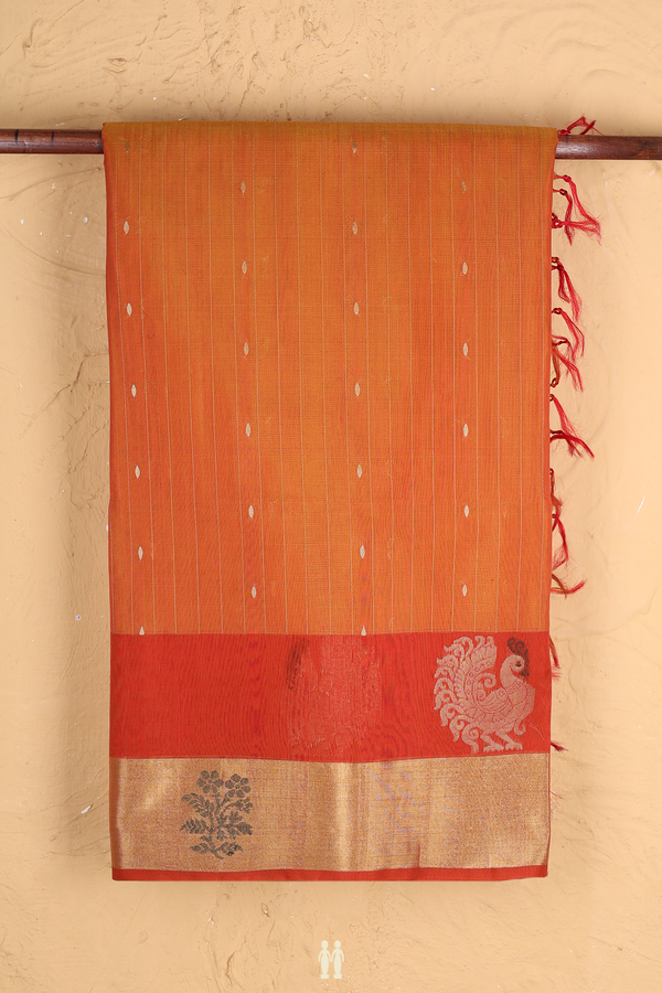 Kora Silk Cotton Saree In Spiced Orange With Stripes Design