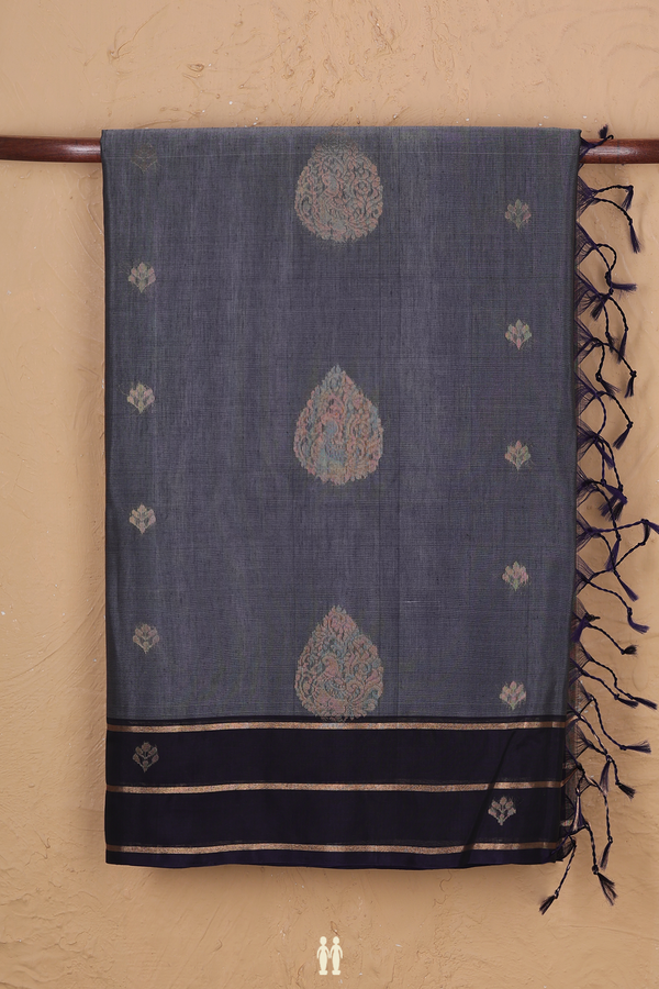 Kora Silk Cotton Saree In Grey With Thilagam Motifs
