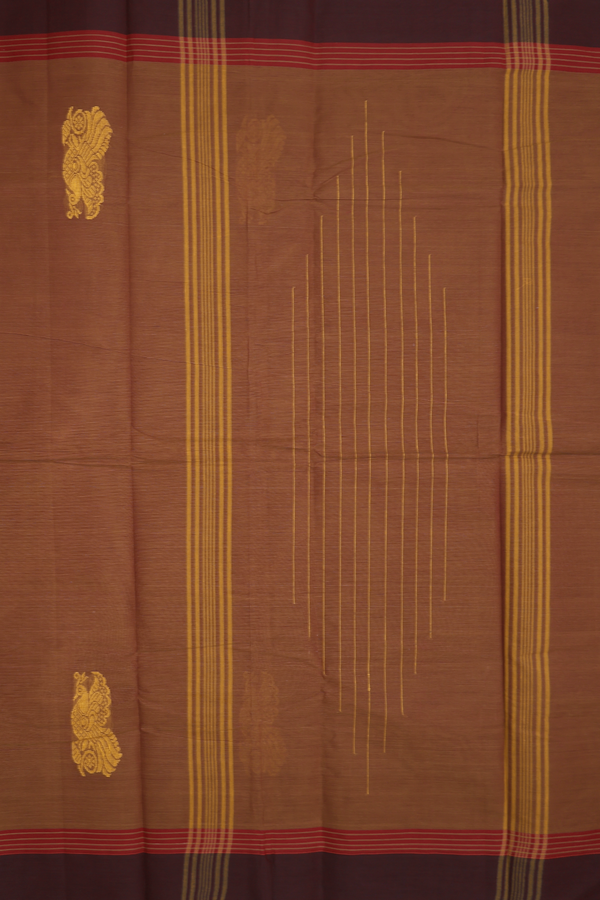 Kanchi Cotton Saree In Walnut Brown With Peacock Border