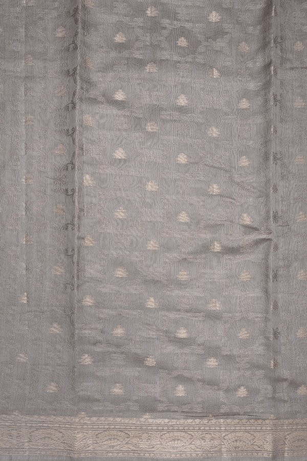 Threadwork With Buttas Taupe Grey Chanderi Cotton Saree